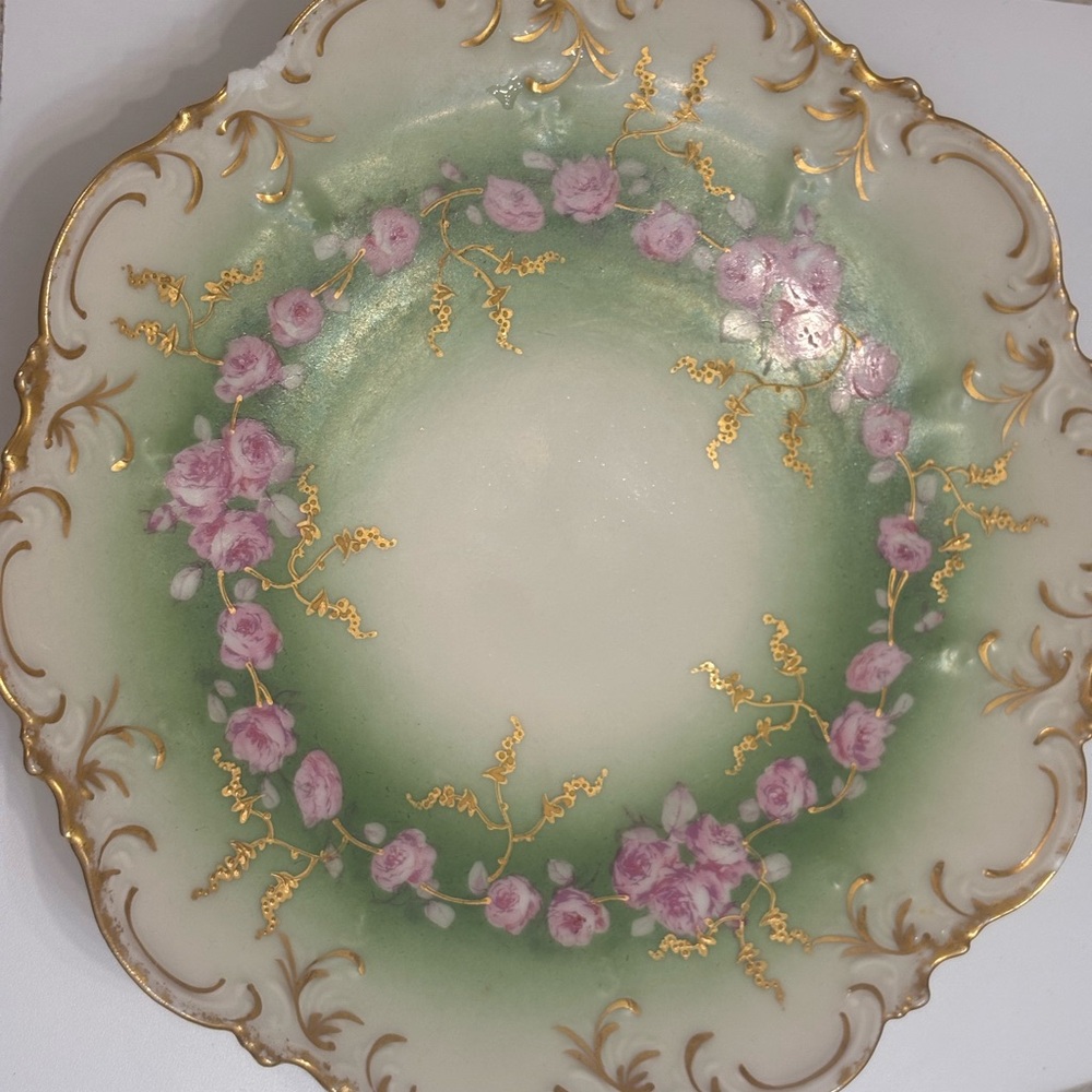 Limoges decorative plate with roses and gold accents. Antique item.
